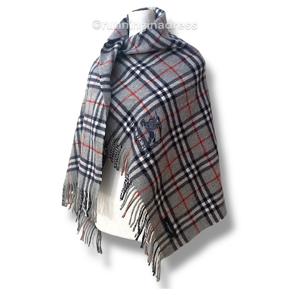 Vintage Burberry Nova Check Blanket Scarf Equestrian Knight Logo Grey Navy Blue - Picture 9 of 15